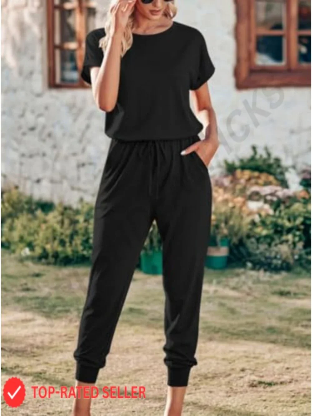 Women's Casual Stretchy Jumpsuit Crew Neck Romper with Pockets